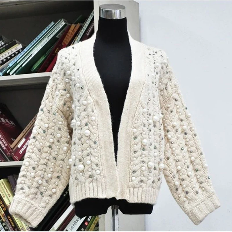 Large Size Sweater Women Wind Heavy Industry Beaded Sequins Knitting Lazy Wind Loose Thickening Knitted Cardigan Womens Jacket