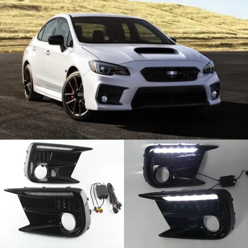 LED DRL Daytime Running Light + Amber Dynamic Led Turn Signal Bezels Fog Lamp For Subaru WRX STI 18-20 Limited Switchback White