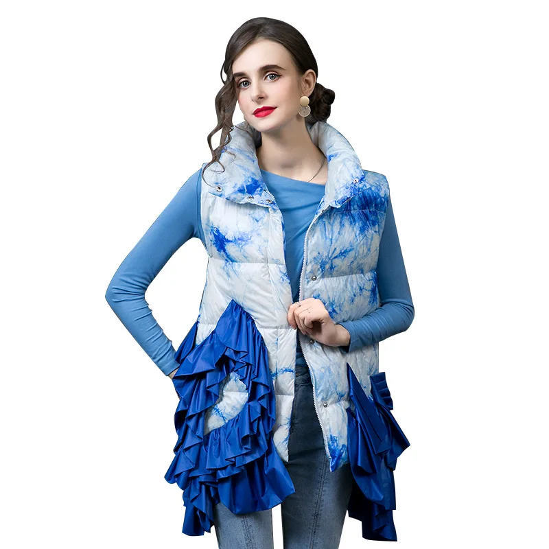 

new winter women's Down Vest 2021 design sense binding printing and dyeing fashion French Ruffle down jacket women's Vest trend