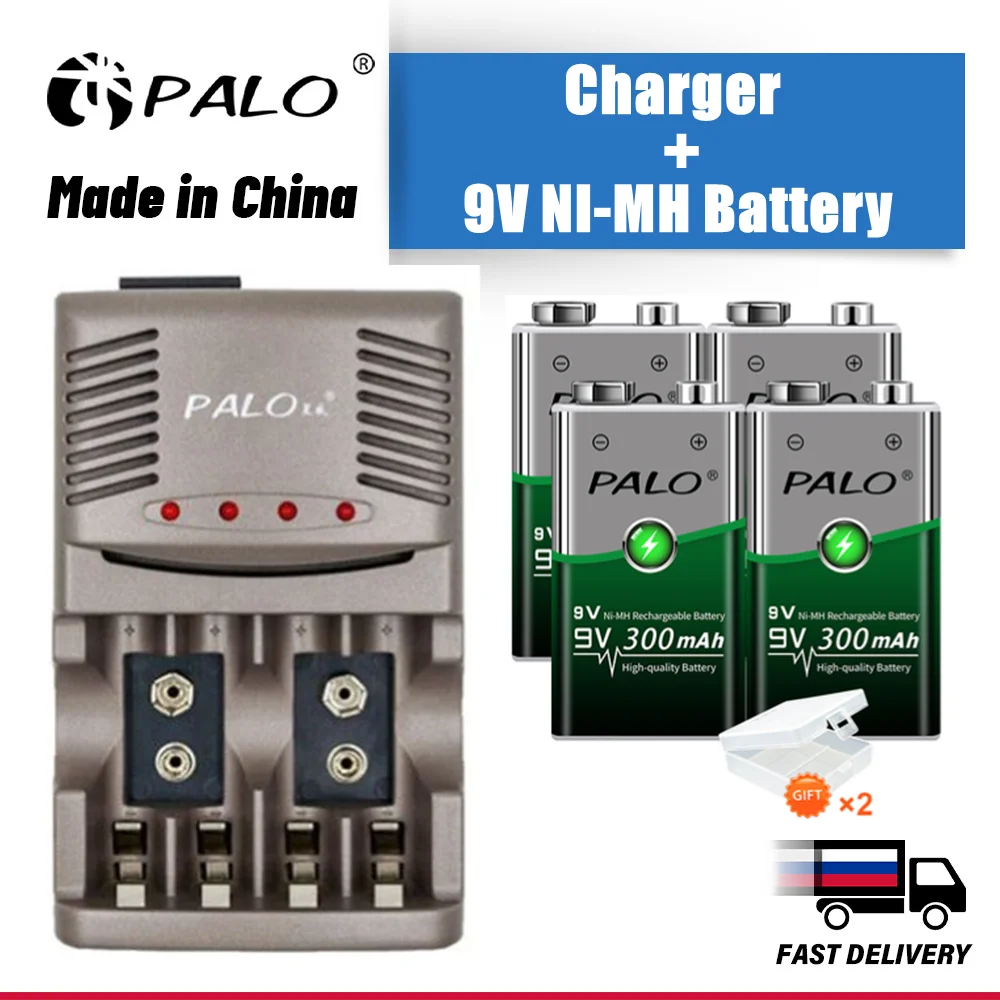 PALO Ni-CD Ni-MH 9V Rechargeable Battery 6F22 + Smart Batteri Charger NIMH 300mah 9 Volts Crown for Metal Detector