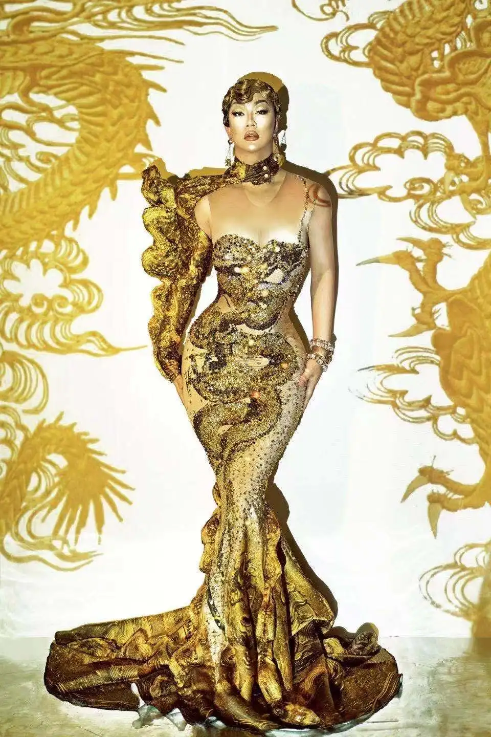 Chinese style Gold dragon Long evening dress fold music concert dance costume stage show celebrity dresses