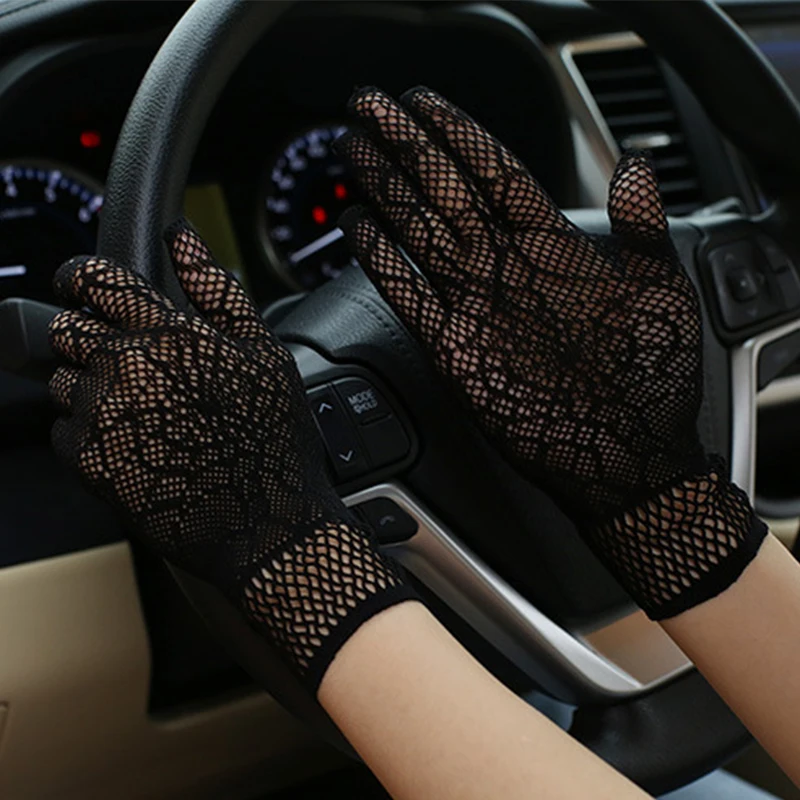 

Sexy Lace Black Thin Short Full Finger Sunscreen Gloves Summer Women Elastic Hollow Mesh Anti-UV Spider Web Driving Gloves K41