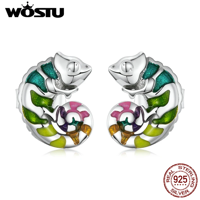 WOSTU 925 Sterling Silver Delicate Cute Animal Mini Chameleon Stud Earrings For Women Fashion Party Jewelry Gift CTE587