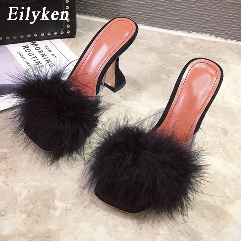 Eilyken Woman Summer New Mules Slippers Feather PVC Transparent High Heels Fur Sandals Peep Toe Spike Heel Ladies Slides Shoes