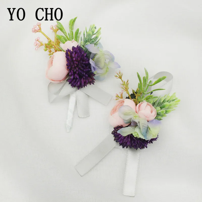 Nơ Xòe Vòng Tay Phù Dâu Hoa Boutonniere, DỰ ĐÁM CƯỚI Hoa Hồng Lụa Tím Cưới Chứng Kiến Cuộc Hôn Nhân Phụ Kiện