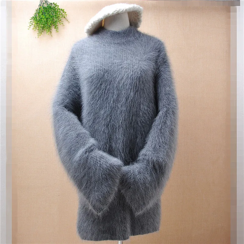 ladies women winter thick warm medium turtleneck hairy mink cashmere knitted long flare sleeves loose pullover angora fur jumper