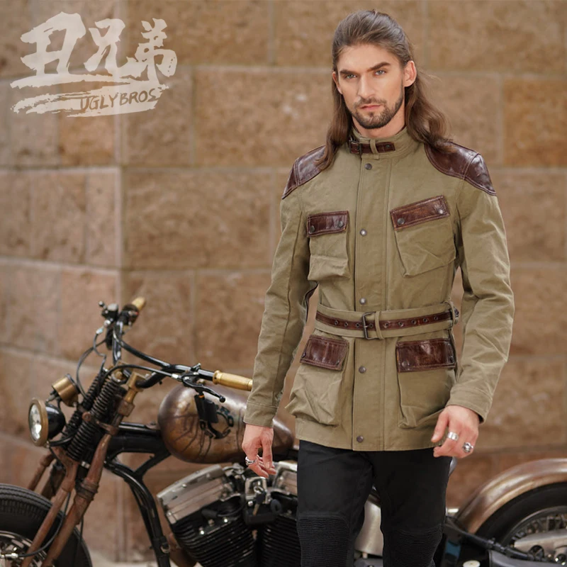 Men's retro distressed canvas motorcycle jacket outdoor windproof protective riding jacket