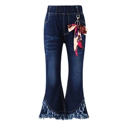 Bambini neonate pantaloni svasati orlo nappa Denim fondo campana bambini bambino bambini vita elastica blu Jeans carini pantaloni vestiti