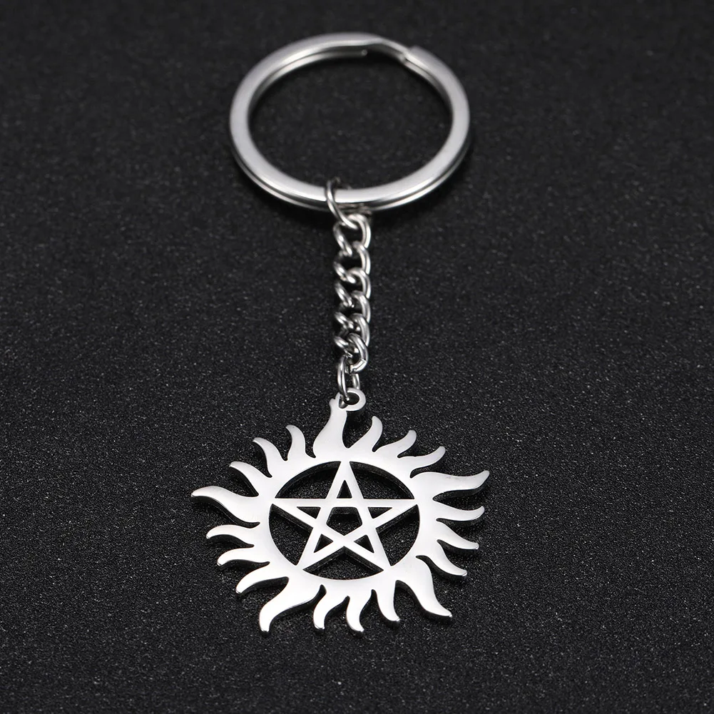 Shinning Sun Pentagram Charm Car Keychain Supernatural Dean Stainless Steel Key Chains Key-ring Holder Pendant for Bag