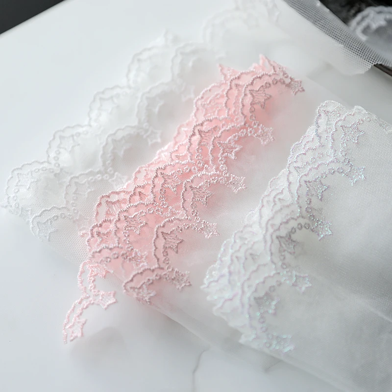 3M/lot 6cm wide pink colored thread/white embroidery lace mesh star decoration material X651