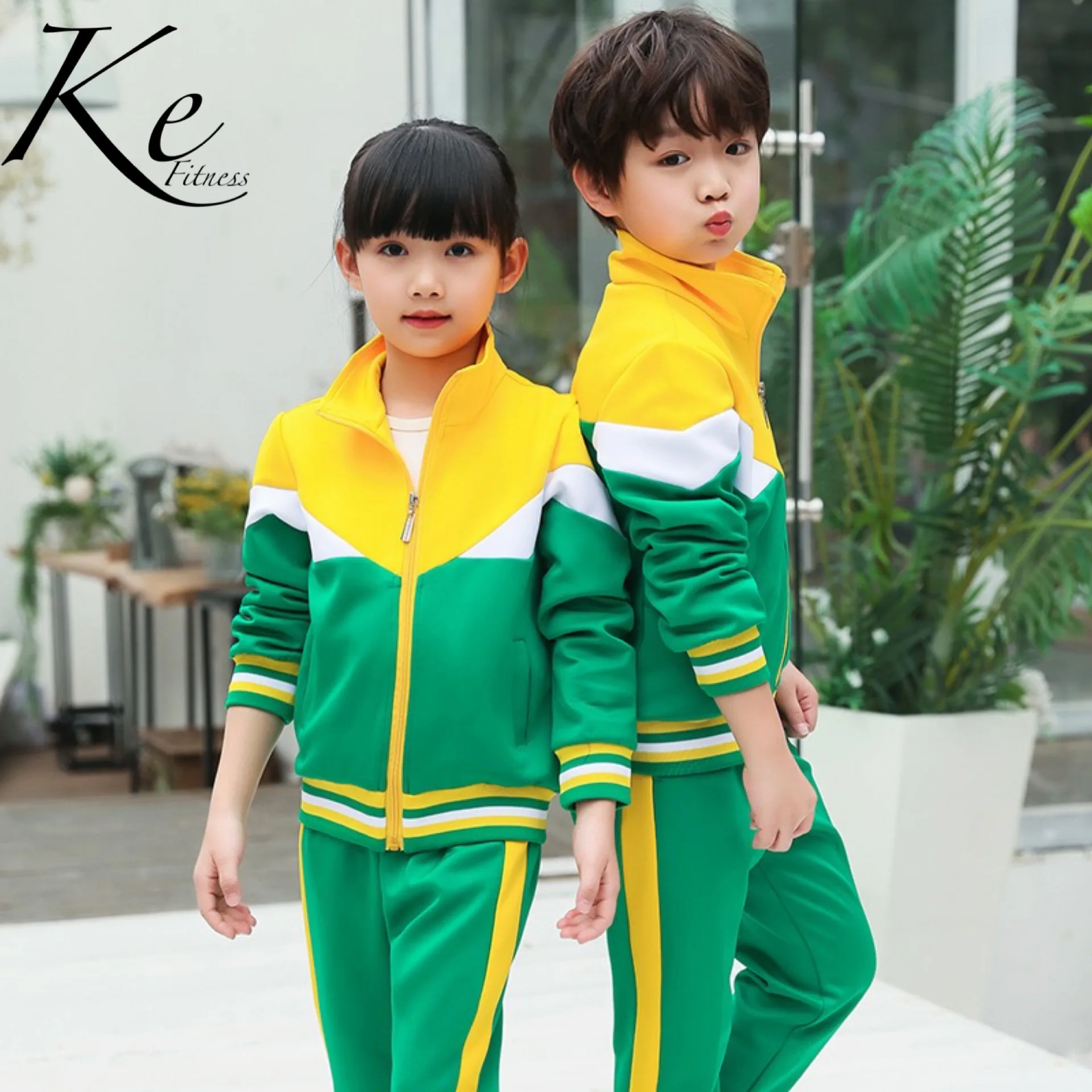 KE277 yellow green school uniforms for men women kids children spring autumn sports suit parent sportswear big size plus 5XL