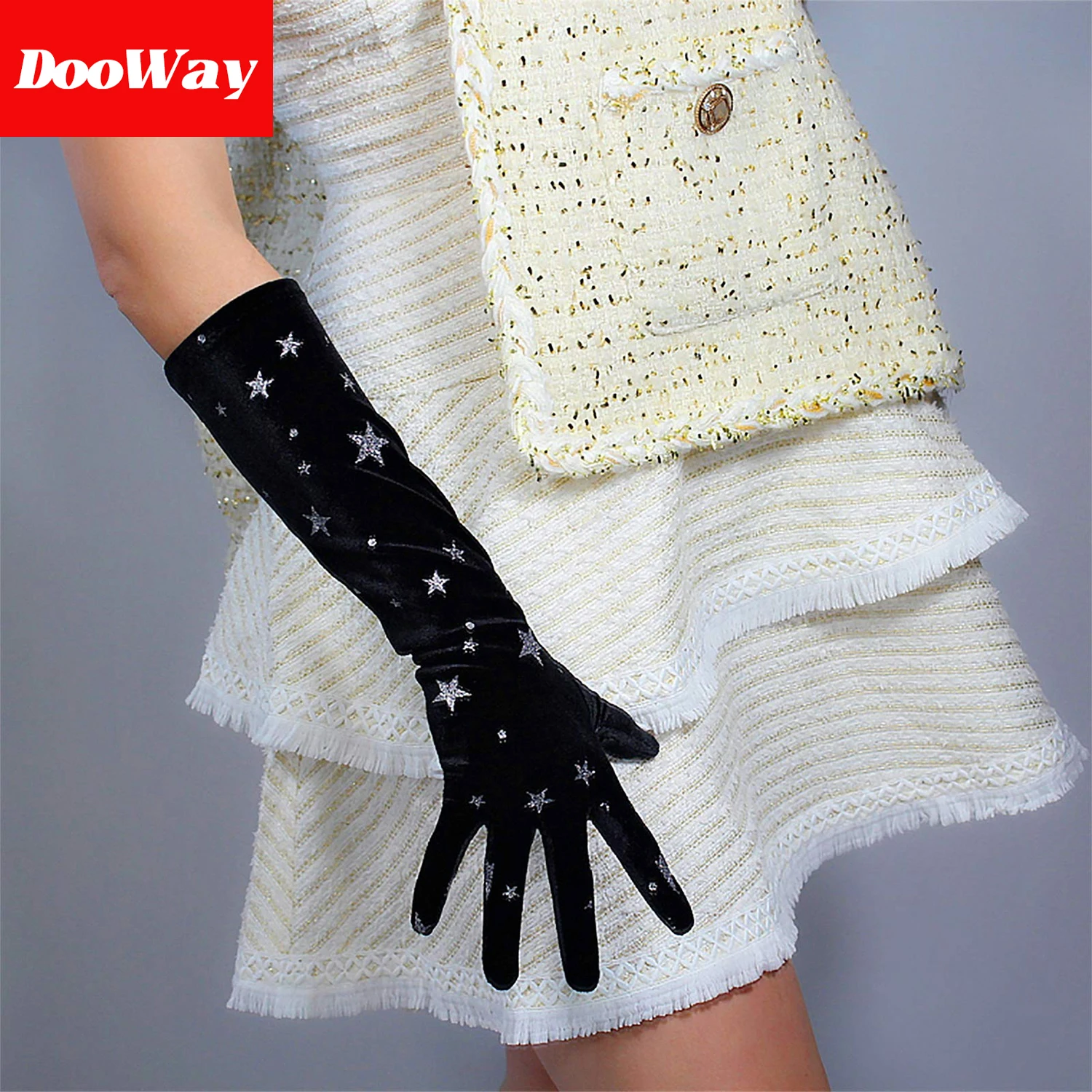 DooWay Women Black Long Velvet Gloves TECH Touchscreen Stretch Elbow Length 40cm for Evening Wedding 1920s Party Costume Cosplay