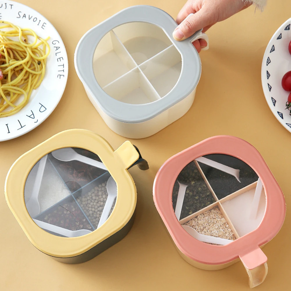 

Kitchen Plastic 4 Grid Seasoning Box Sealed Salt Jar With Transparent Lid Solid Seasoning Containers Spice Jar