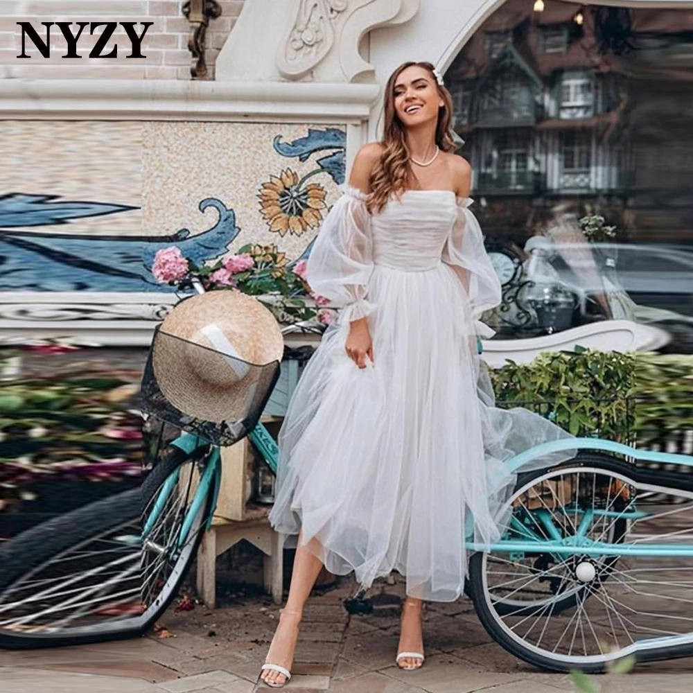 W53 NYZY Elegant Tulle Off the Shoulder Long Sleeves Simple Light Wedding Dress Boho 2021 Wedding Gowns