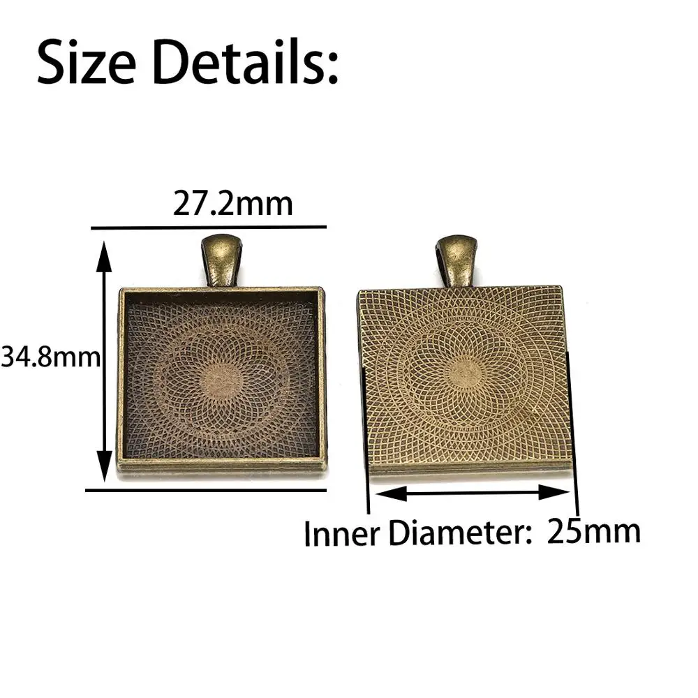 5pcs/lot Square Cabochons Bases Settings Pendant Bezel Trays Fit 25mm Glass Cabochon DIY Necklace Making