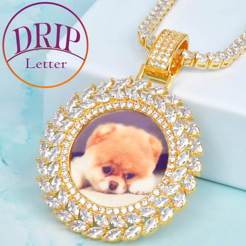 

Drip Letter Custom Photo Pendant for Men Memory Picture Medallion Necklace Hip Hop Micro Pave Charms Fashion Jewelry 2021 Trend