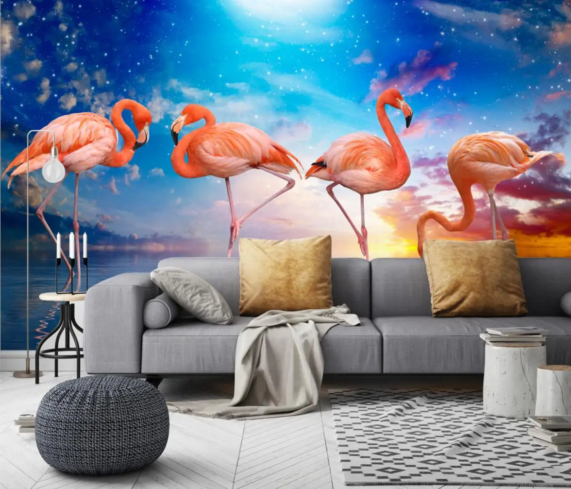 

beibehang Custom Flamingo sunset lake Art Wall Painting Modern Fresco Bedroom Living Room Dining Room Wall Decoration Wallpaper