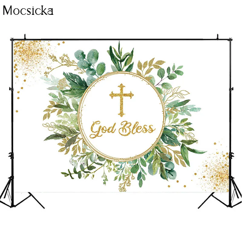 Mocsicka Бог благословит фон для фотосъемки новорожденного ребенка Первое Святое Причастие платье для крещения вечерние декор зеленый лист су...