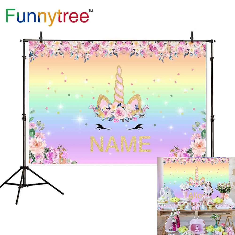 Funnytree Unicorn Background Photographic Studio Birthday Rainbow Children Flower Colorful Custom Backdrop Photobooth Photowall