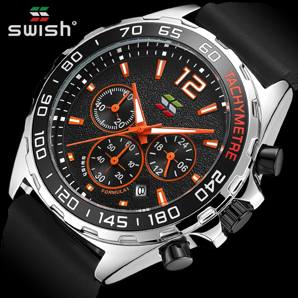 SWISH Design Chronograph Watches Men Top Brand Luxury Rubber Strap Sports Military Wristwatch Waterproof Clock Relogio Masculino