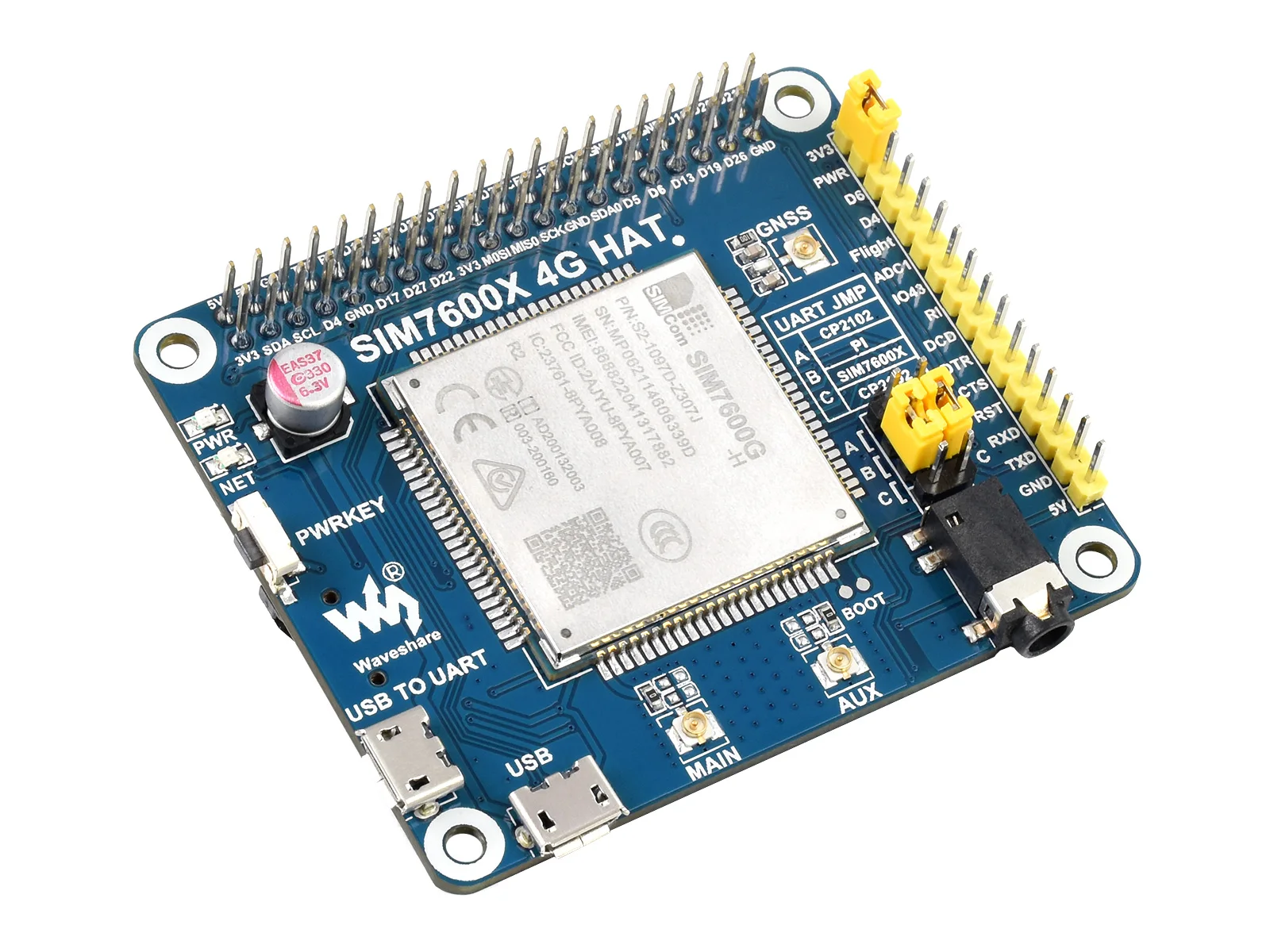 Chapeau pour Raspberry Pi, Version globale, 4G/3G/2G/GSM/GPRS/GNSS, joli chapeau pour Raspberry Pi, faible consommation d'énergie, SIM7600G-H