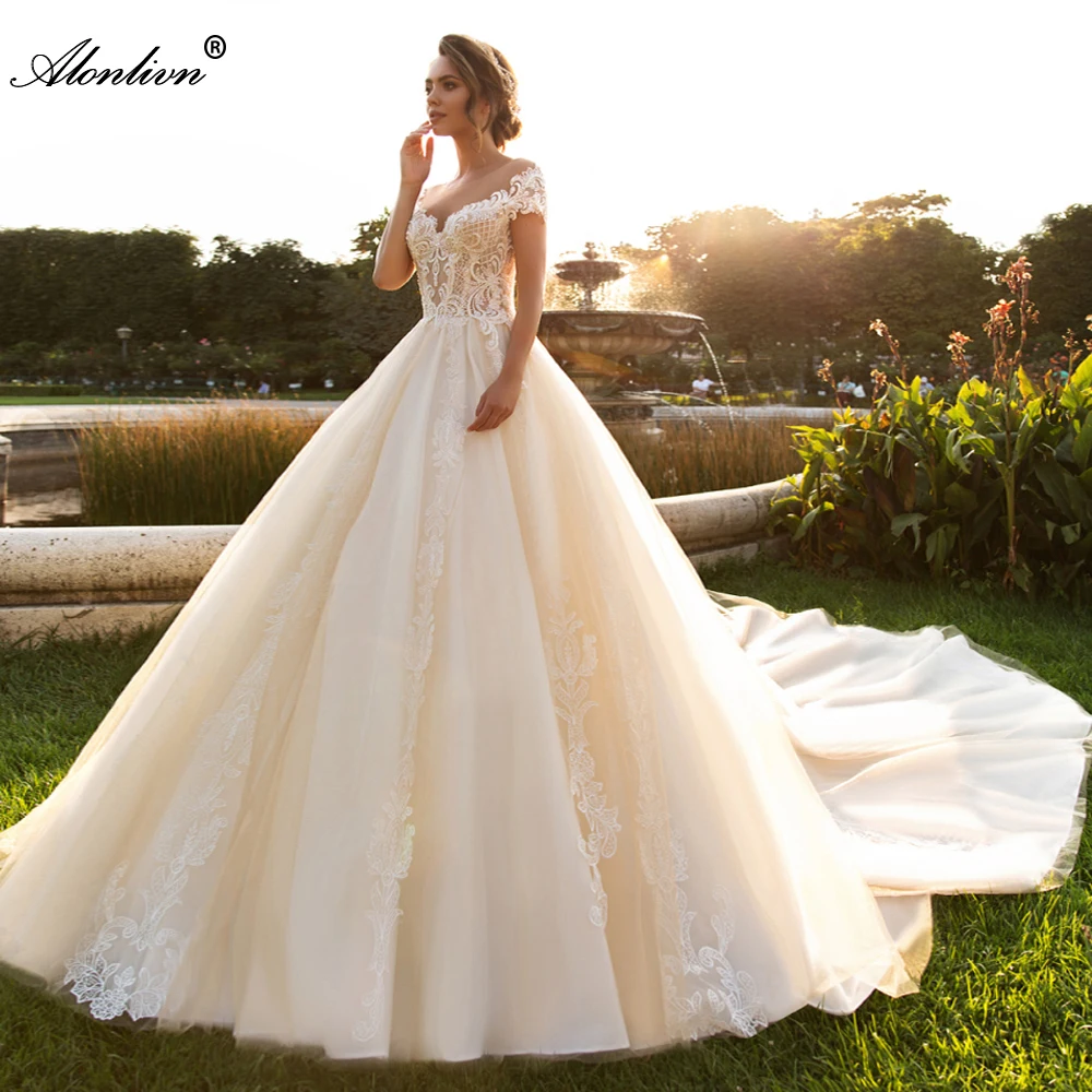 Alonlivn-Personalizado Soft Tulle Ball Gown, vestidos de casamento elegantes, Apliques Querida, vestidos de noiva