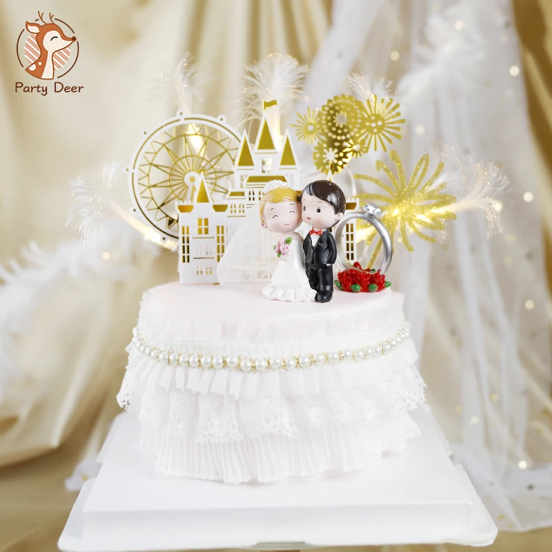 Happy Wedding  Anniversary Gold Castle Acrylic Cake Toppers  Bride Groom Mr Mrs Wedding Diamond Ring Cake Supplies Decoration