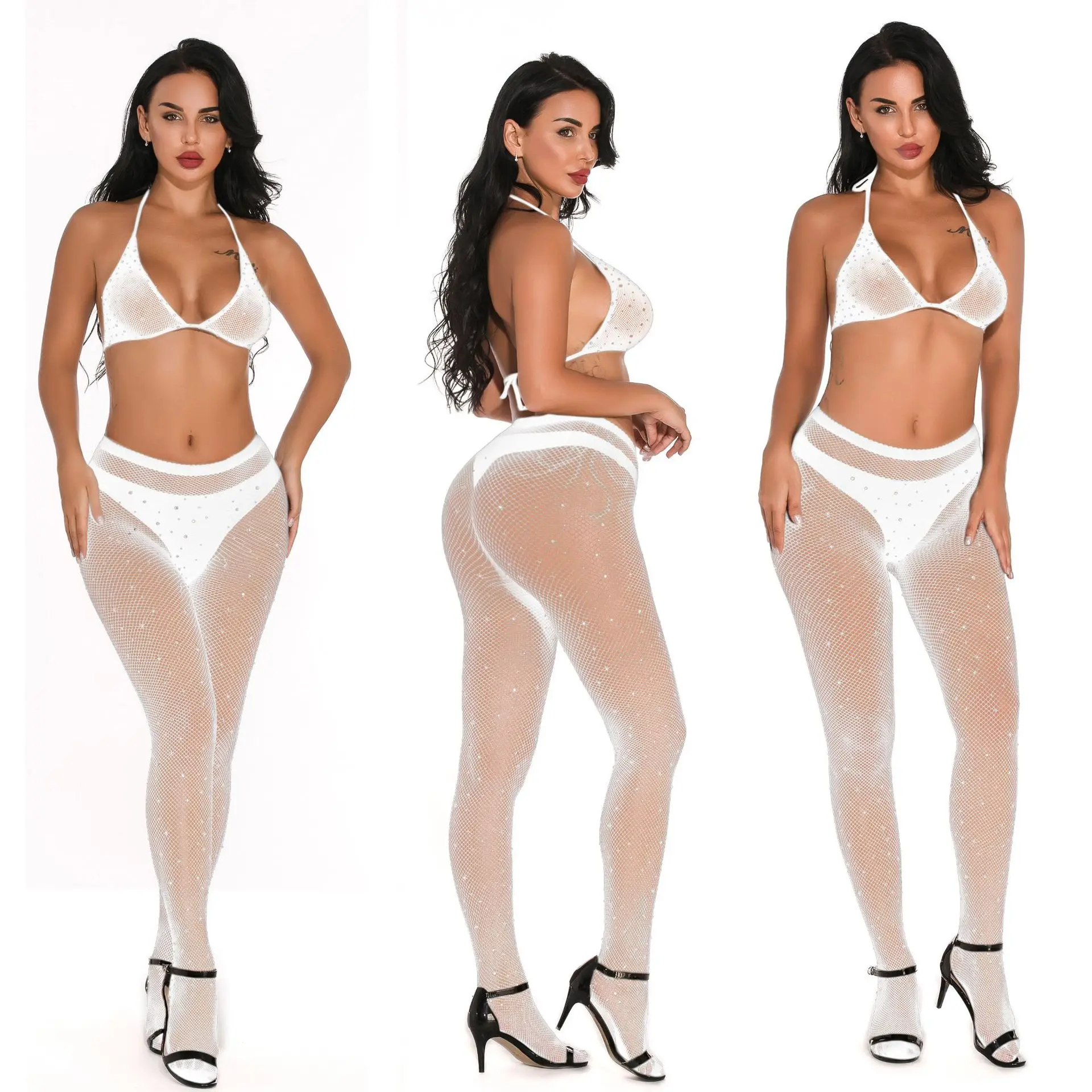 Sexy Fishnet rhinestone bra pantyhose diamond drill lingerie 2pcs suit bodystocking