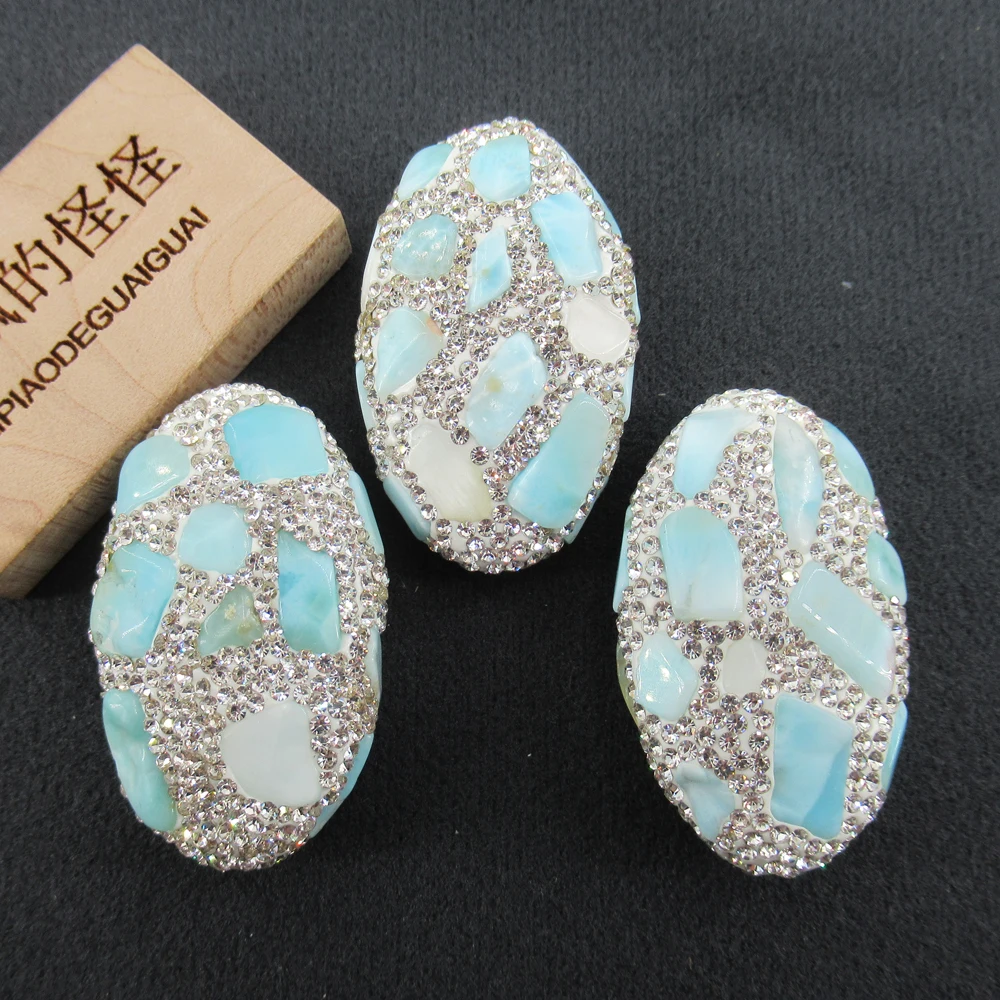 APDGG 1PC Natural Blue Larimar Pave Crystal Rhinestone Oval Shape Connector Spacer Bead For Making Bracelet necklace Jewelry DIY