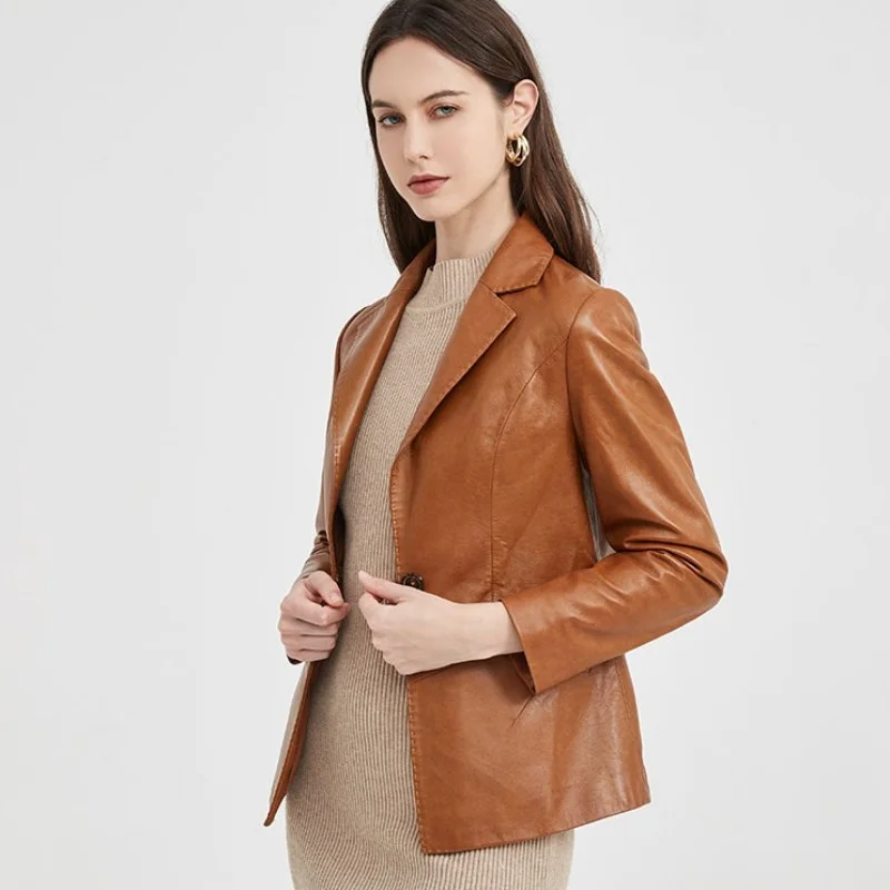 Blazer elegante de piel de oveja auténtica para mujer, chaqueta de un botón, corte ajustado, prendas de vestir de otoño, abrigo de traje de cuero Natural