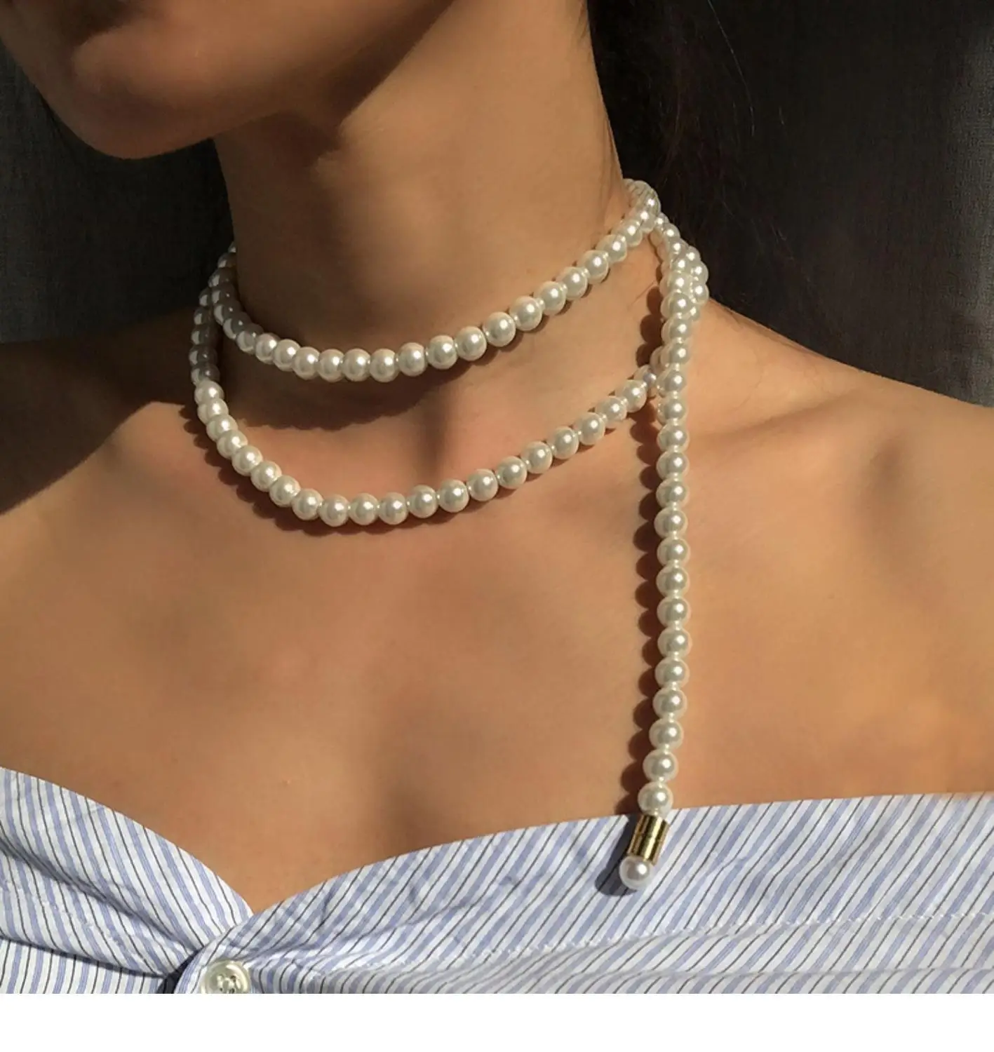 Brass Faux Glass Pearl Chains Necklace Women  Jewelry Designer T Show Runway Party Gown Wedding Japan Korean INS Gothic Hiphop