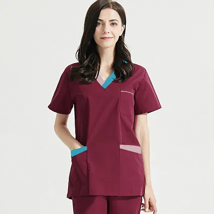 Women Scrubs Top Cotton Nurse Uniforms Long Sleeve Color Blocking Scrub Set Lab Doctor Workwear Clothes