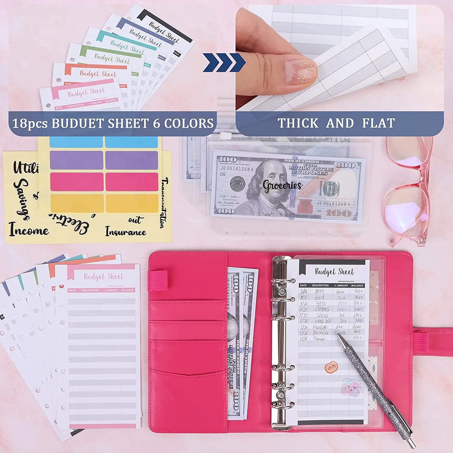 A6 Binder Budget Cash Envelopes Organizer System,12 Expense Budget Sheets, 8 Zipper Binder Pockets, for Saving Money Planner