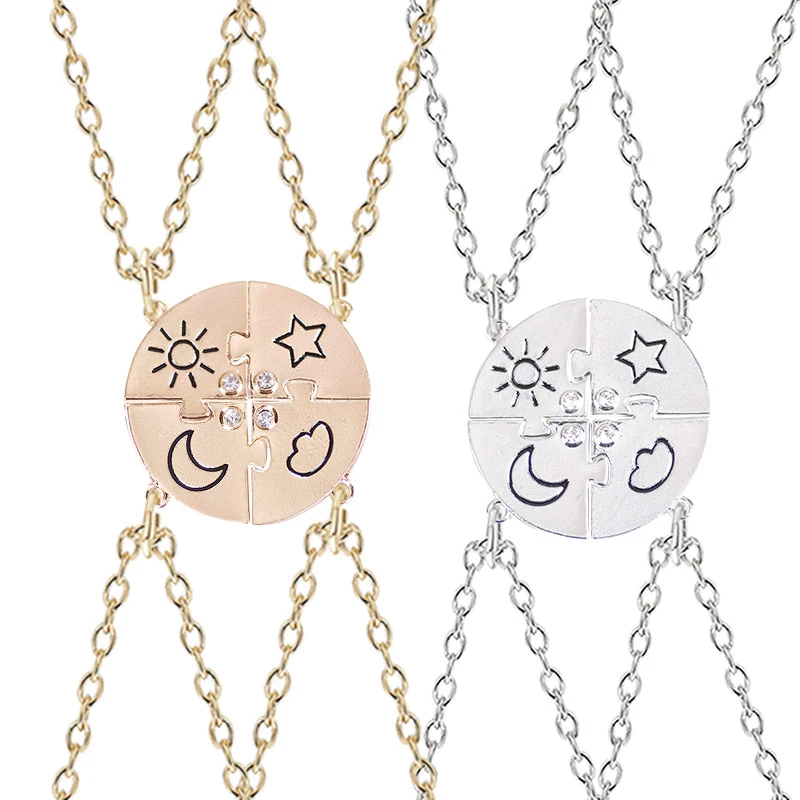 4-piece Set Best Friend Friendship Necklace Sun Moon Cloud And Star Inlaid Rhinestone Stitching BFF Pendant Fashion Jewelry Gift