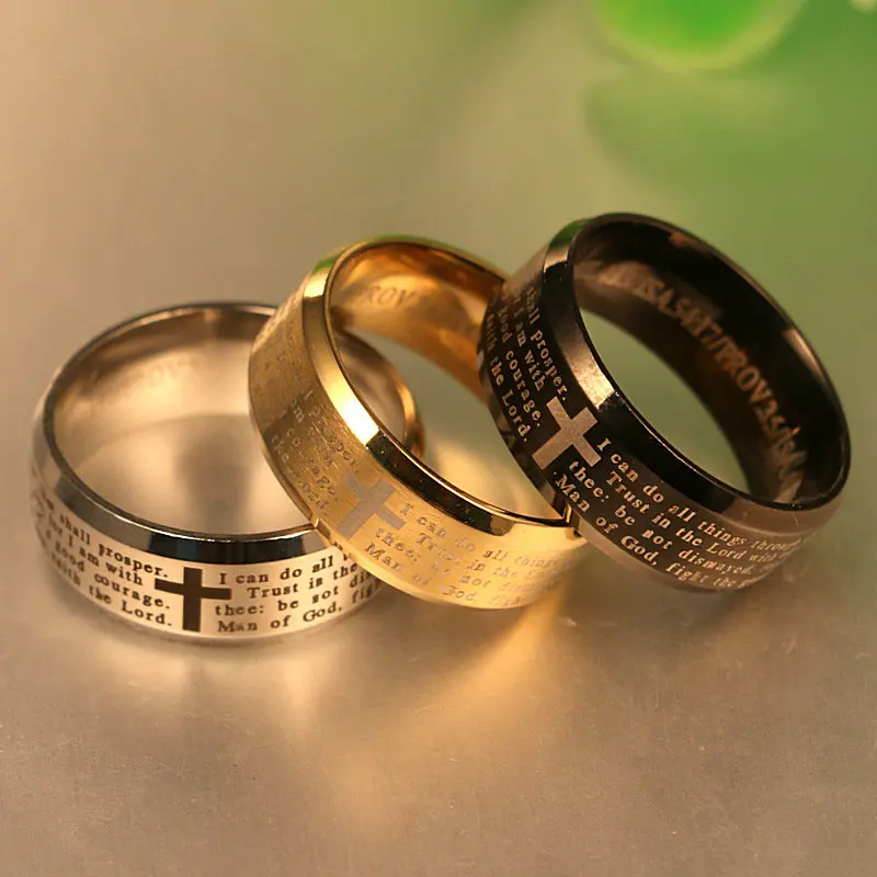 Carved Bible Cross Men\'s Ring Titanium Steel I Can Do All Things Christian Ring Fashion Prayer Men\'s Jewelry Size Us6-13