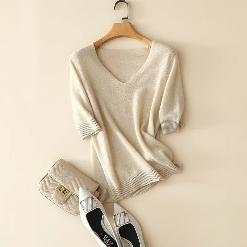 simple casual v neck short sleeve 100% cashmere sweater tee for women