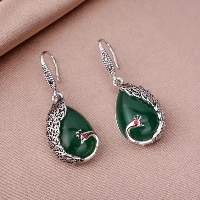 HuiSept Fashion Silver 925 Women Drop Earrings Emerald Gemstones Peacock Shaped Jewelry Ornaments Earrings for Wedding Wholesale