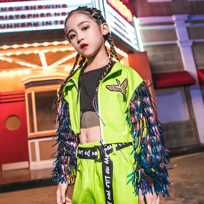 Hip Hop Dance Costumes Fluorescent Green Tassel Coat Girls Jazz Clothing Children Street Dancing Stage Performance Wear DN4099