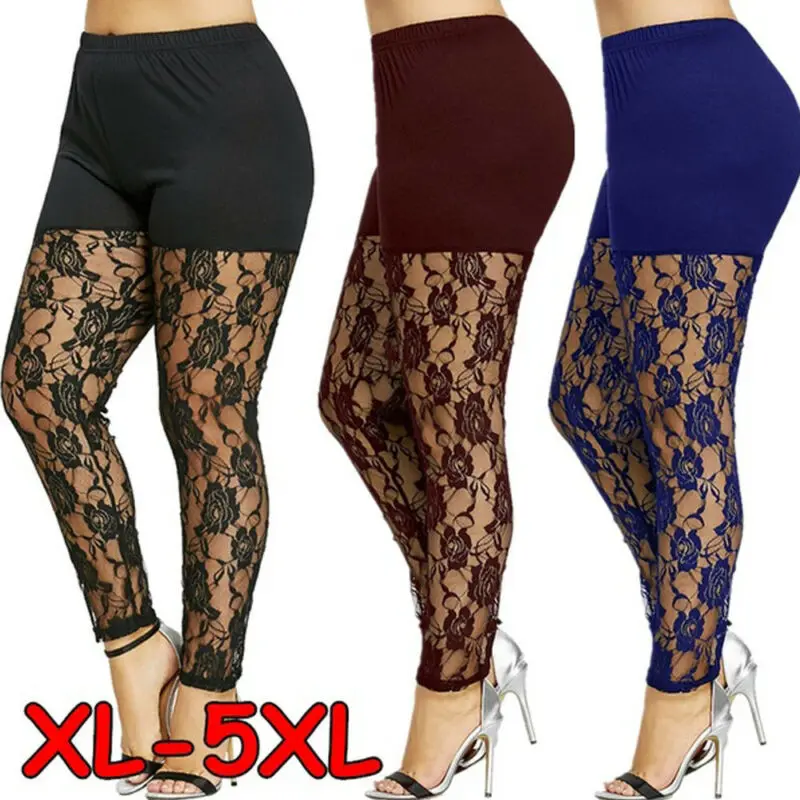 Size 4XL Leggings for Women High Waist Pencil Pants Skinny Lace Hollow Out  Floral Tight Trouser Casual Women Homewear