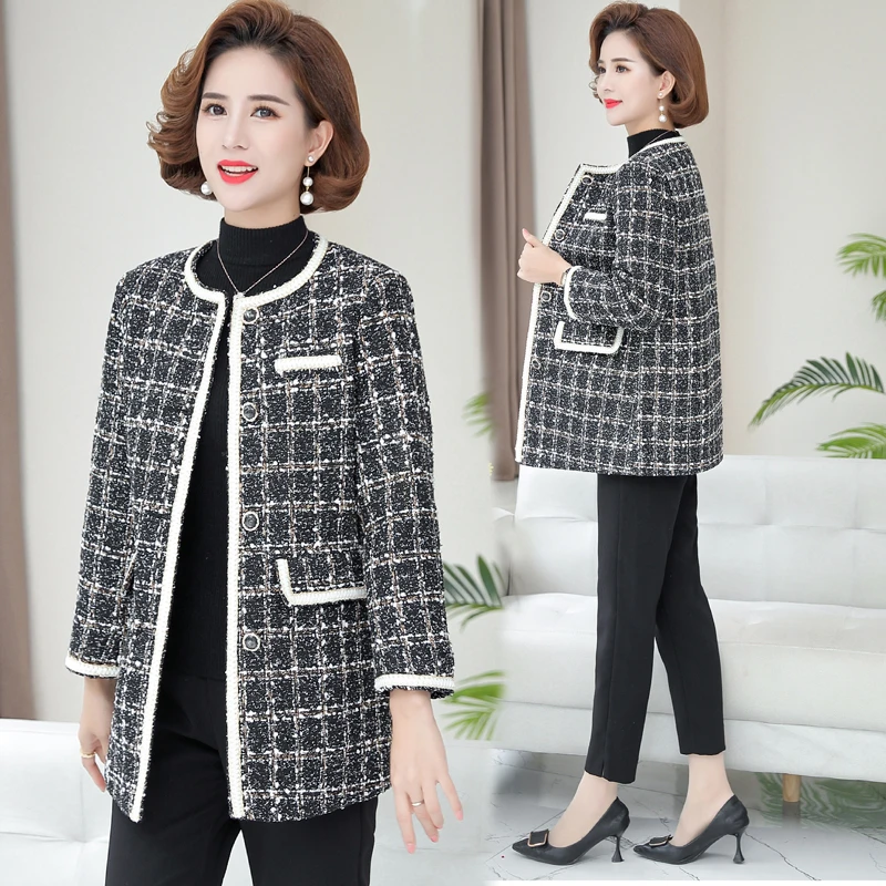 Cappotto di lana di design di lusso donna nero Vintage scollo a V Plaid giacche di Tweed bottoni dorati elegante Office Lady Outwear coreano