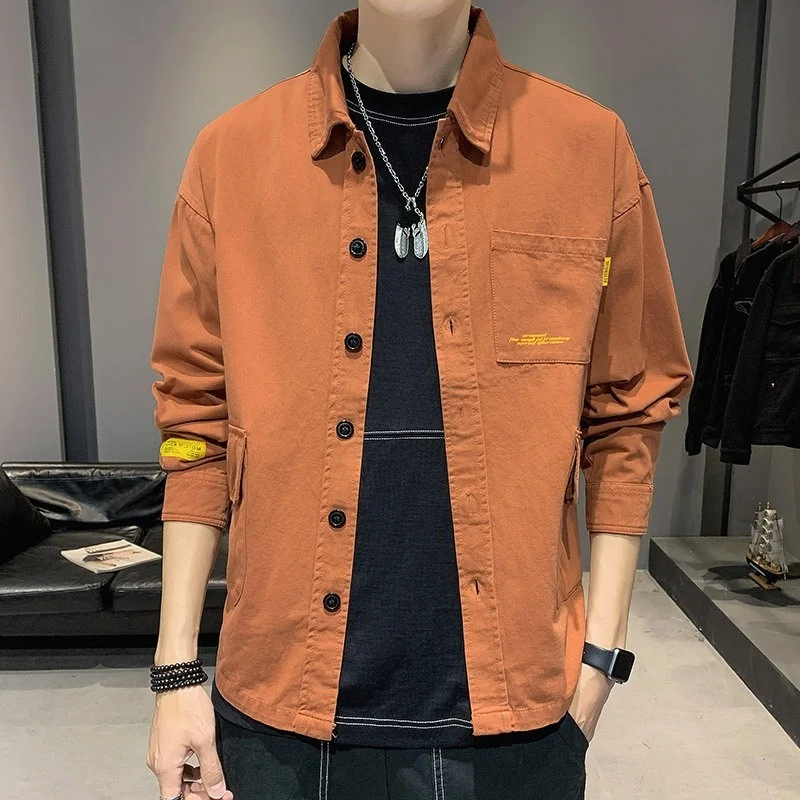 Mens 2022 Denim Shirt Long Sleeve Autumn New Korean Style Fashion Solid Casual Turn-Down Collar Single Breasted Male Blouse