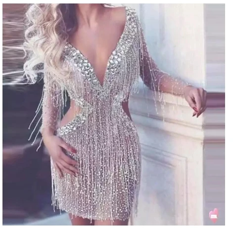 Bar Singer See Through Mesh Dress Rhinestones Fringes Dress Lady Prom Evening Outfit Shining Birthday Tassels Dress