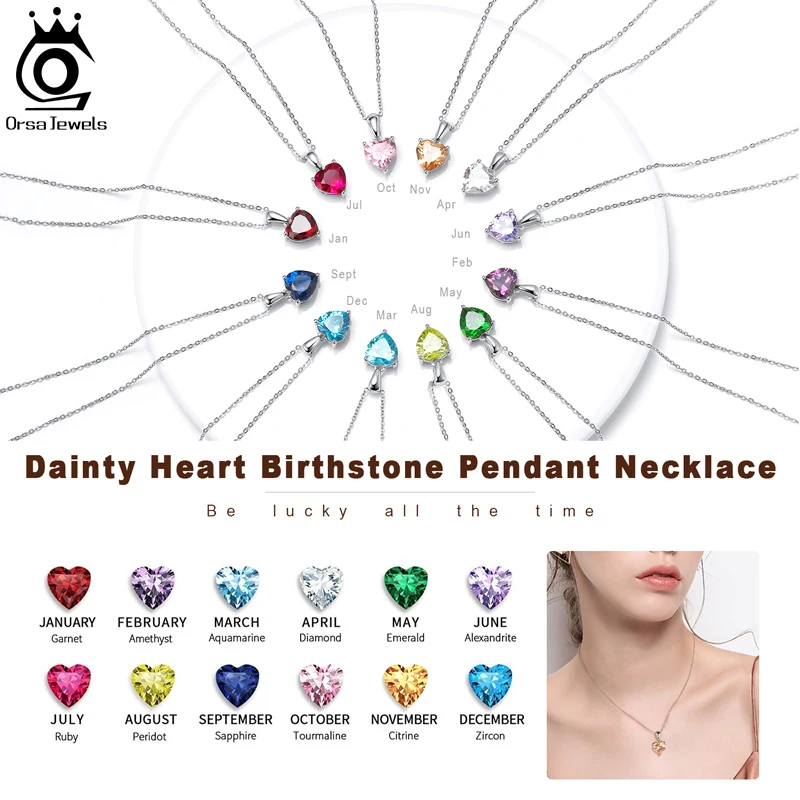 ORSA JEWELS 925 Silver Dainty Heart 12 Colors Month Birthstone Pendant Necklace For Women Lucky CZ Necklace Jewelry Gifts APN02