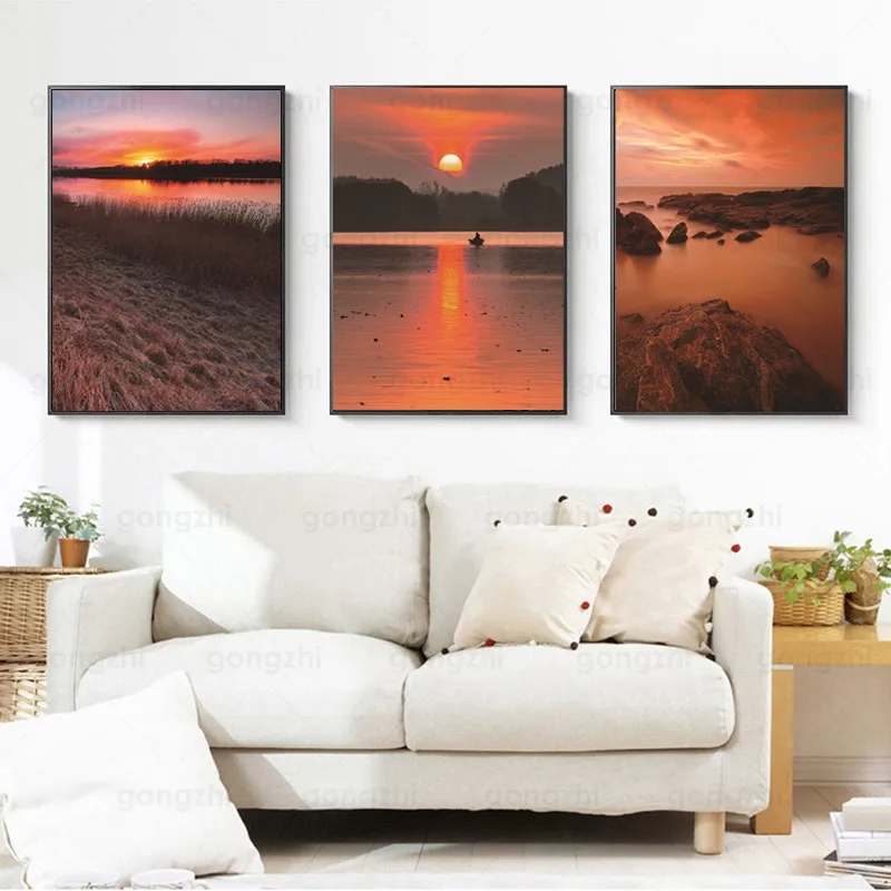 Natural Landscape Photography Painting Sunset Golden Yellow Sky Sea Water Forest Home Decor Wall Painting Canvas Print Poster