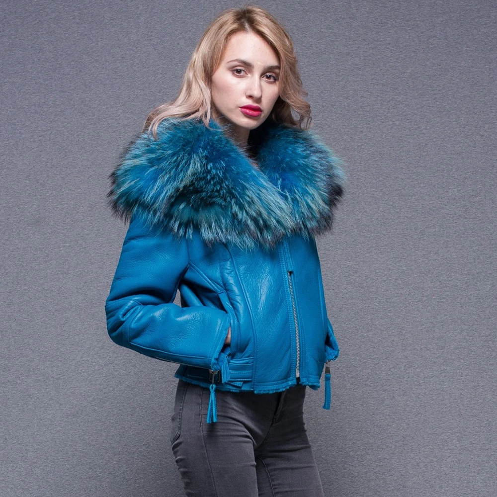 Genuine Leather Jacket Women 2021 Fashion Real Sheepskin Jacket With Big Raccoon Fur Collar Streetwear Autumn Winter Coat Women