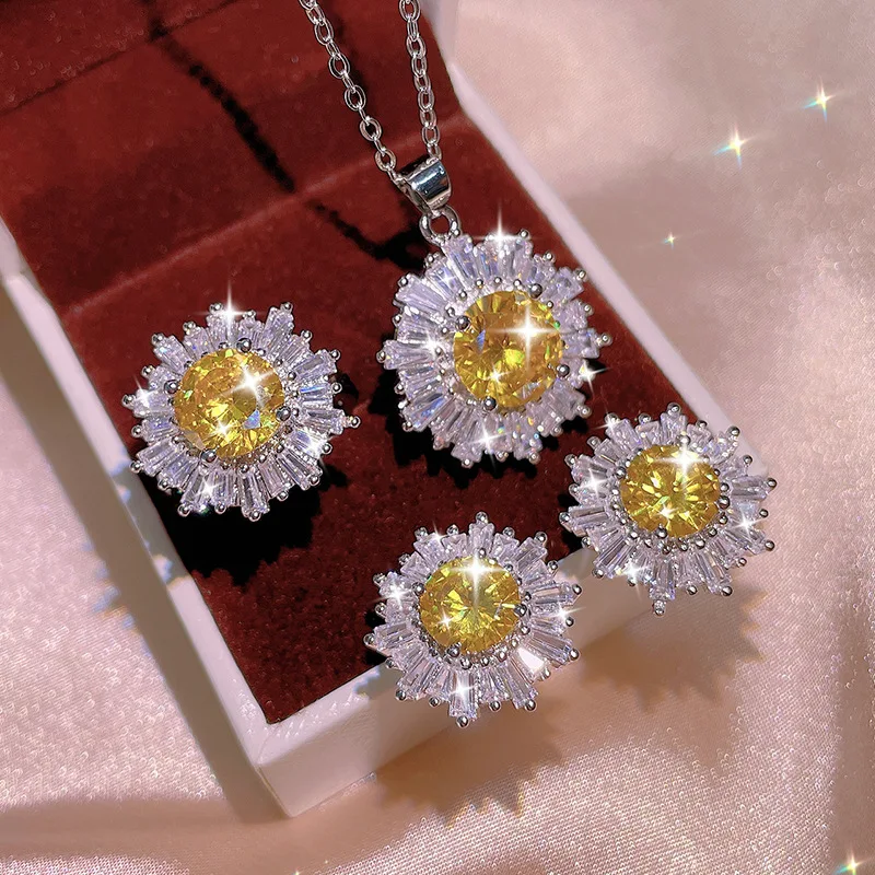 925 Women Jewelry Set Full Diamond Zircon Jewelry Yellow AAAA Shiny Zircon Necklace Ring Earrings Women's Bridal Jewelry