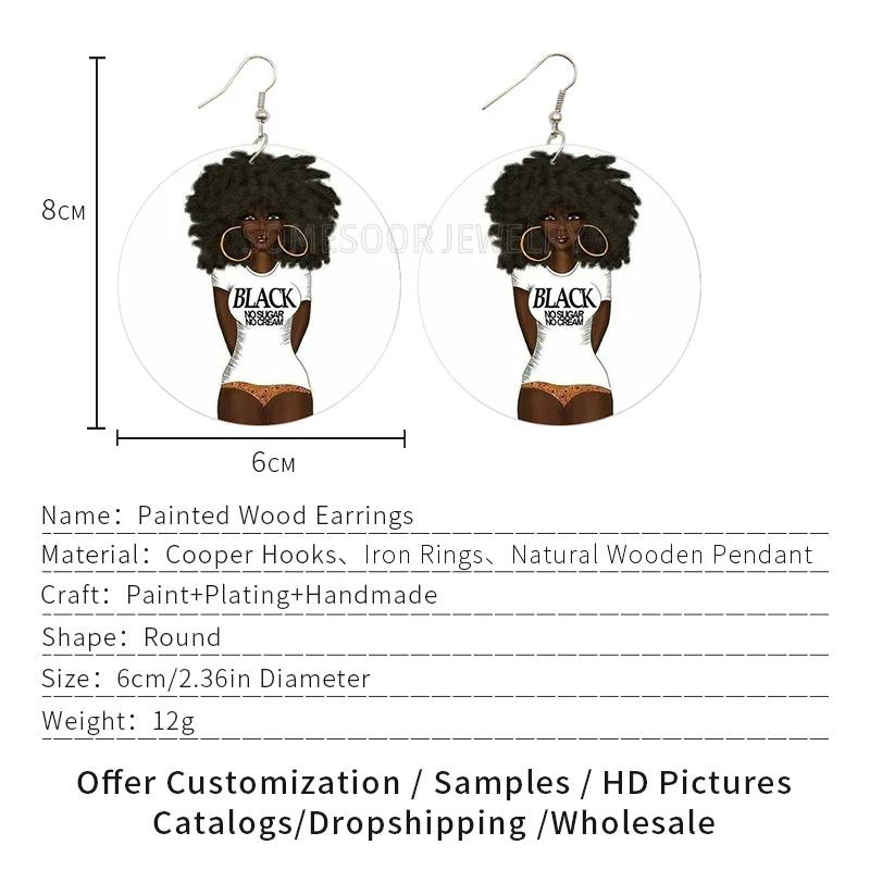 SOMESOOR Printing Afro Curly Girl African Wooden Earrings Black No Sugar No Cream Saying Natural Hair Design Jewelry For Women