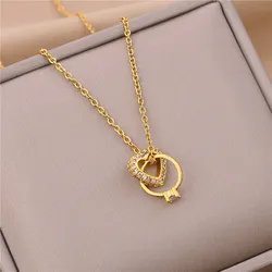 Korean Fashion Heart Ring Cross Stainless Steel Necklace For Women Cute Romantic Ladies Wedding Jewelry Female Clavicle Chain