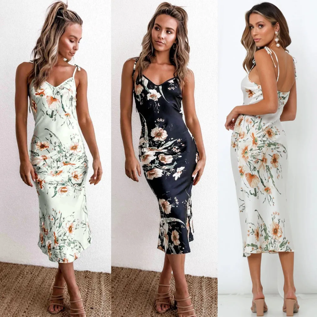 Elegante vestido de barra sin mangas para mujer, Vestido largo con escote en V, camisola con estampado Floral y tirantes finos para fiesta y Club, 2020