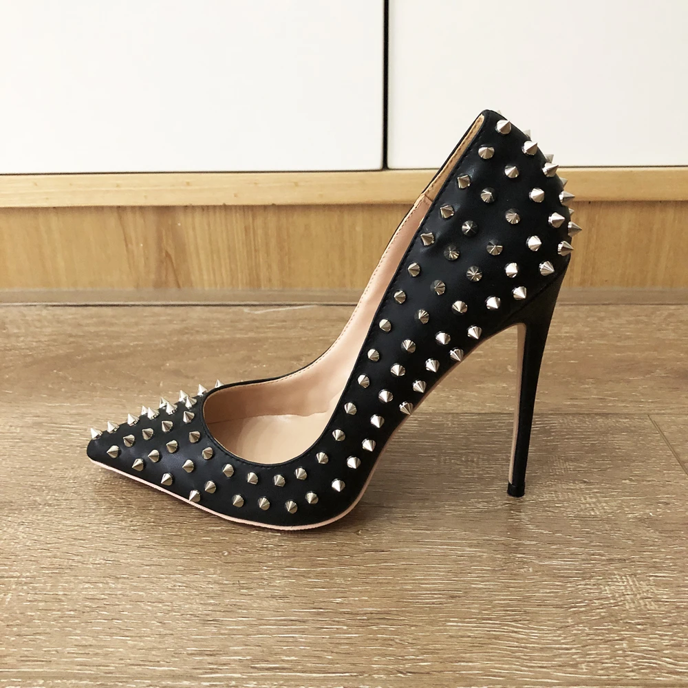 Veowalk Black Matte Women Full Punk Rivets Pointed Toe High Heels Sexy Ladies Spikes Stilettos Pumps Woman Club Party Shoes